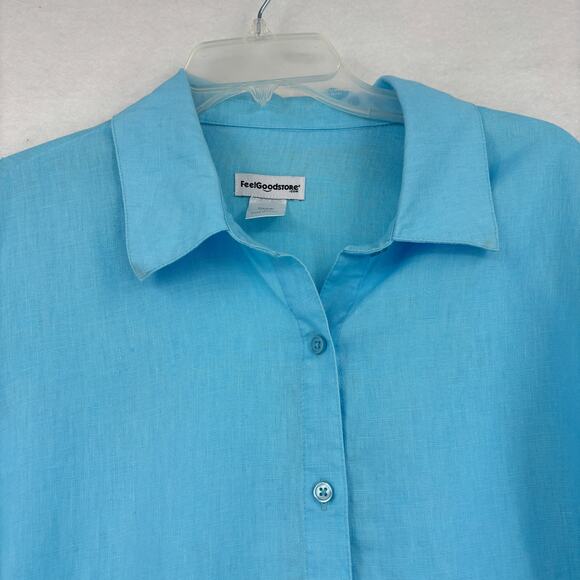 Feel Good Store Tunic Blouse Womens Size XL Blue 100% Linen Button Up 3/4 Sleeve - Picture 2 of 11